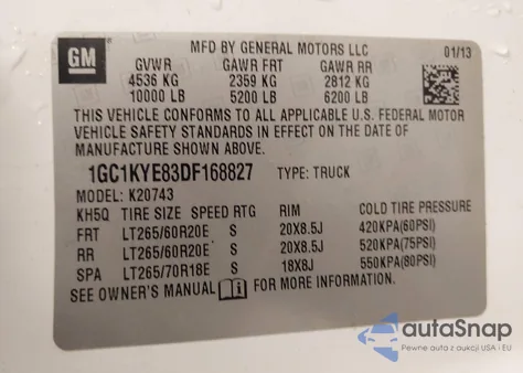 2013 Chevrolet Silverado 2500Hd Ltz z USA, uszkodzony, nr VIN 1GC1KYE83DF168827